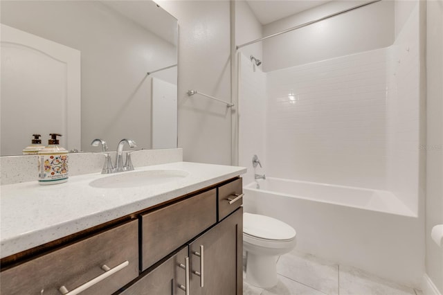 full bathroom featuring bathtub / shower combination, vanity, toilet, and tile patterned flooring