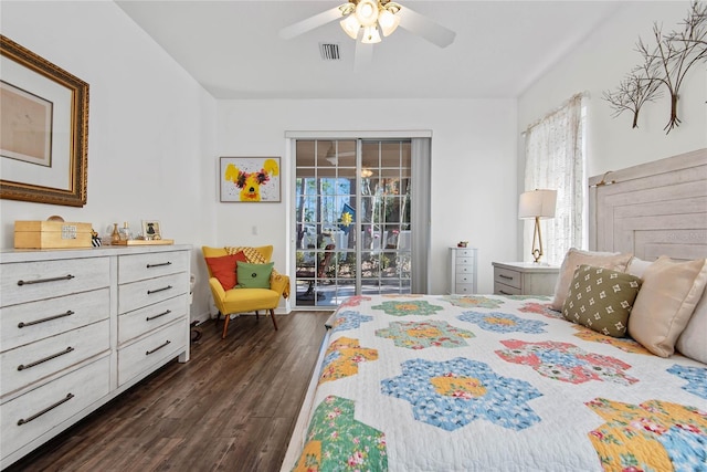 bedroom featuring dark wood-type flooring, access to outside, and ceiling fan