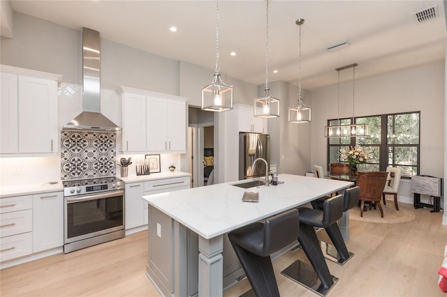 kitchen with a center island with sink, white cabinets, wall chimney exhaust hood, appliances with stainless steel finishes, and a sink