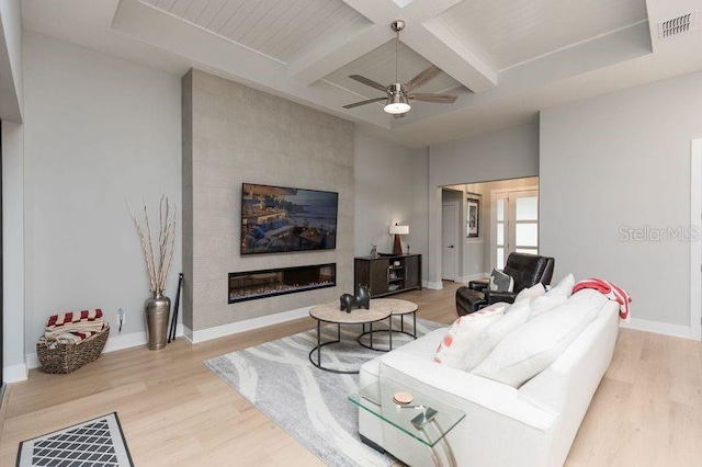 living room featuring wood finished floors, visible vents, baseboards, and coffered ceiling