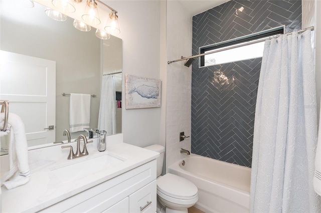 bathroom with shower / bath combination with curtain, vanity, and toilet