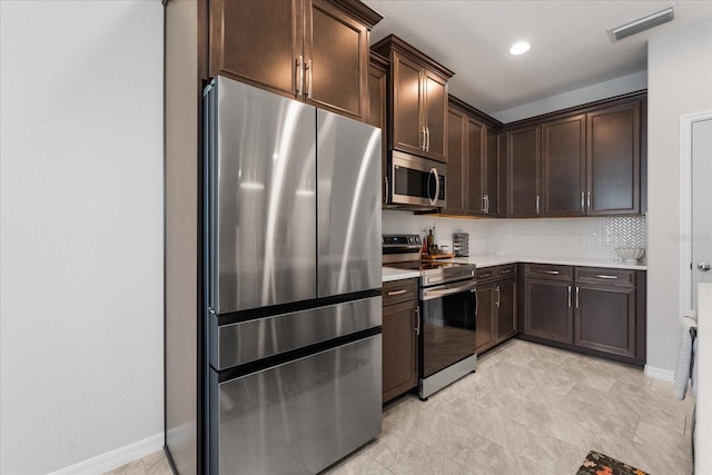 kitchen with dark brown cabinetry, stainless steel appliances, and backsplash