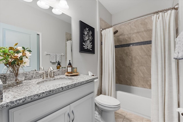 full bathroom featuring toilet, vanity, shower / bathtub combination with curtain, and tile patterned flooring