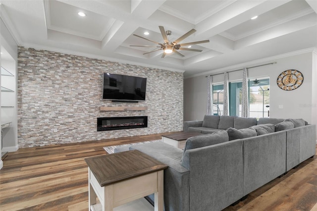 living room featuring coffered ceiling, ceiling fan, dark hardwood / wood-style floors, and beamed ceiling