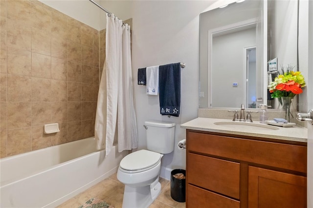 full bathroom featuring tile patterned flooring, shower / bath combo, vanity, and toilet