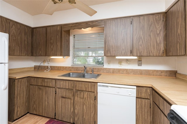 kitchen with sink, white appliances, and light wood-type flooring