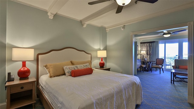 carpeted bedroom with access to outside, ornamental molding, ceiling fan, and beamed ceiling