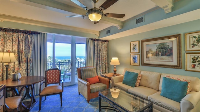 living room with a ceiling fan, visible vents, beam ceiling, and ornamental molding