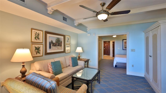 living room featuring ceiling fan, visible vents, baseboards, beam ceiling, and dark carpet