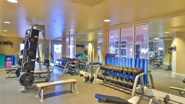 gym with recessed lighting