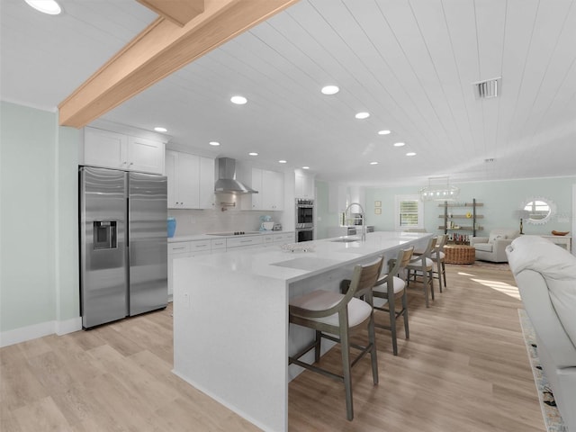 kitchen with wall chimney range hood, a breakfast bar area, appliances with stainless steel finishes, white cabinetry, and a spacious island