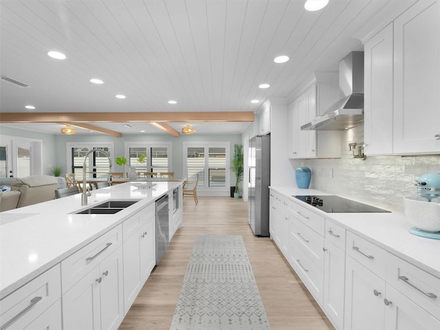 kitchen with appliances with stainless steel finishes, tasteful backsplash, white cabinetry, sink, and wall chimney range hood