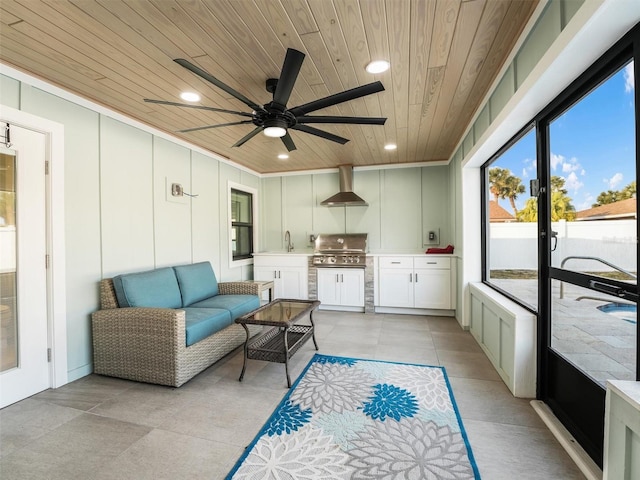 sunroom / solarium featuring ceiling fan and wooden ceiling