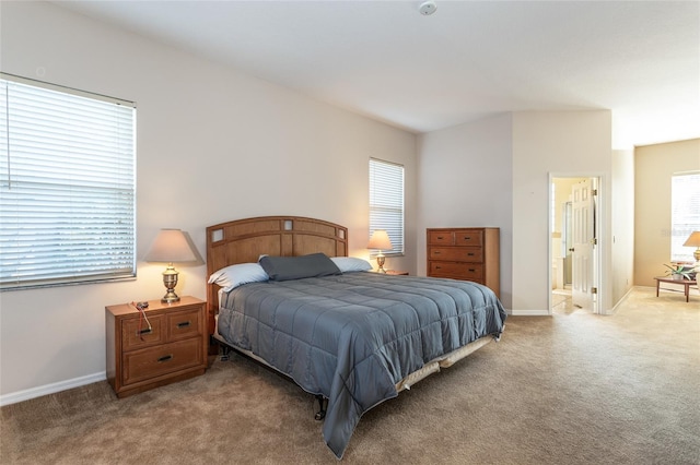 carpeted bedroom featuring multiple windows and ensuite bathroom