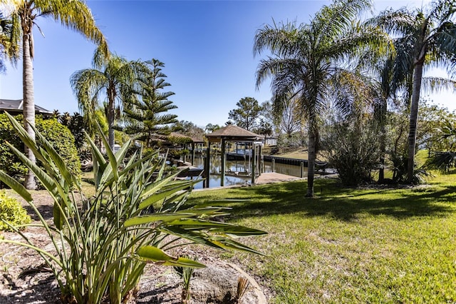 dock area with a lawn and a water view