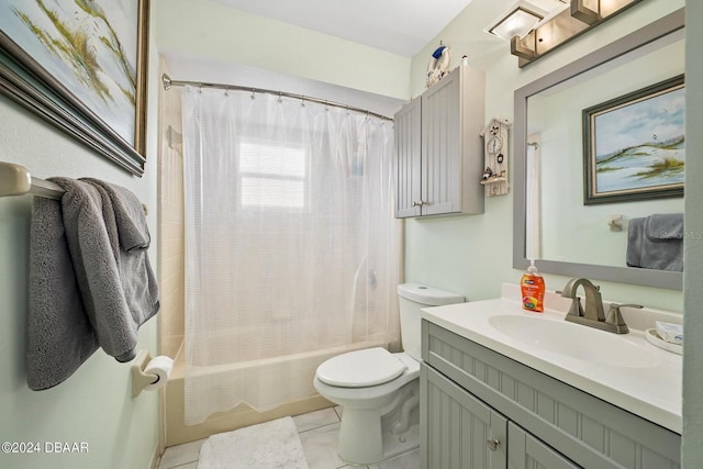 full bathroom with vanity, shower / bathtub combination with curtain, tile patterned floors, and toilet