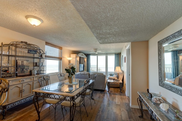 dining space with plenty of natural light, dark wood-type flooring, a textured ceiling, and ceiling fan