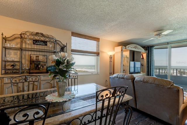 dining room with a textured ceiling and ceiling fan