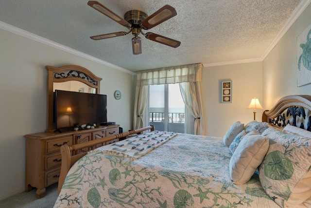 carpeted bedroom featuring ceiling fan, access to outside, ornamental molding, and a textured ceiling