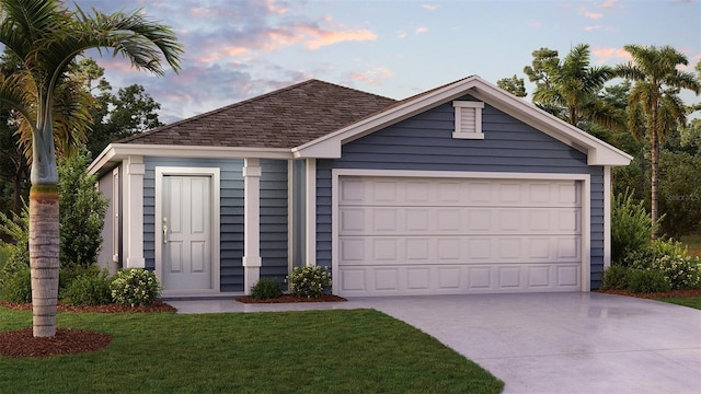 view of front facade with a yard and a garage