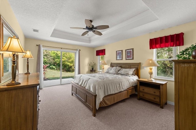 carpeted bedroom featuring multiple windows, access to exterior, a tray ceiling, and a textured ceiling