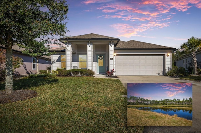 view of front of house featuring a garage, a water view, and a yard