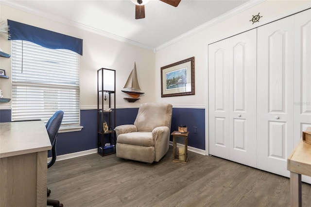 office space featuring crown molding, dark wood-type flooring, and ceiling fan