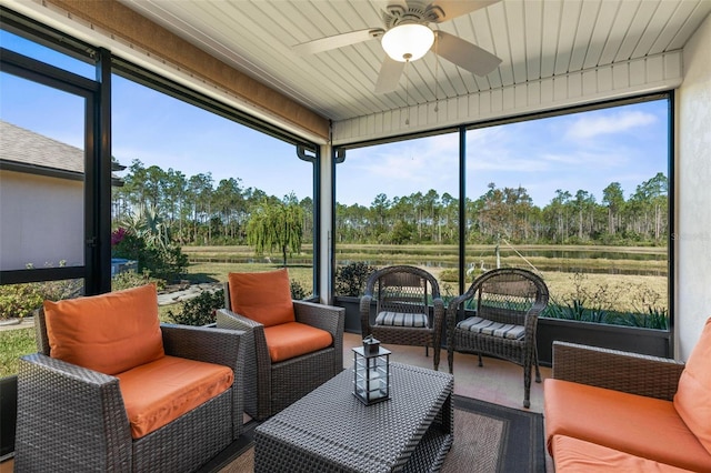 sunroom featuring ceiling fan