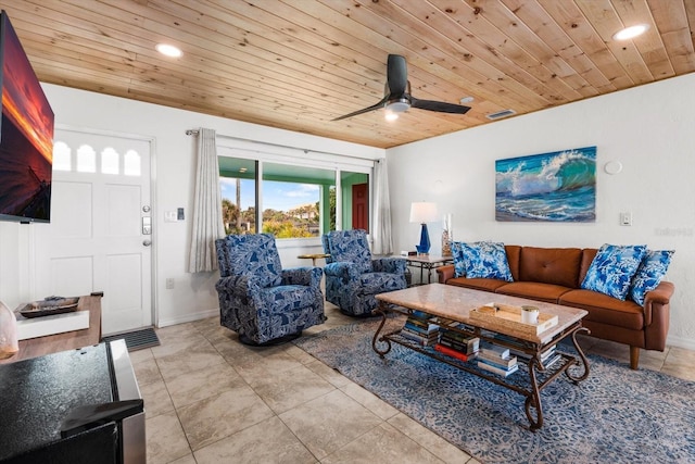 tiled living room with wood ceiling and ceiling fan