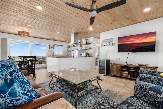 living room with light tile patterned flooring, wooden ceiling, wine cooler, and ceiling fan