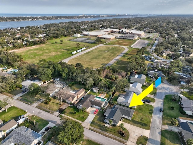 drone / aerial view with a water view