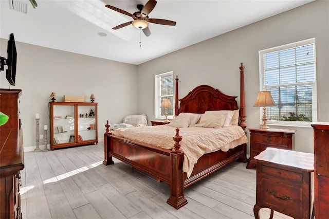 bedroom featuring ceiling fan and light hardwood / wood-style floors