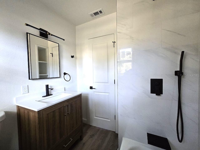 bathroom featuring hardwood / wood-style flooring and vanity