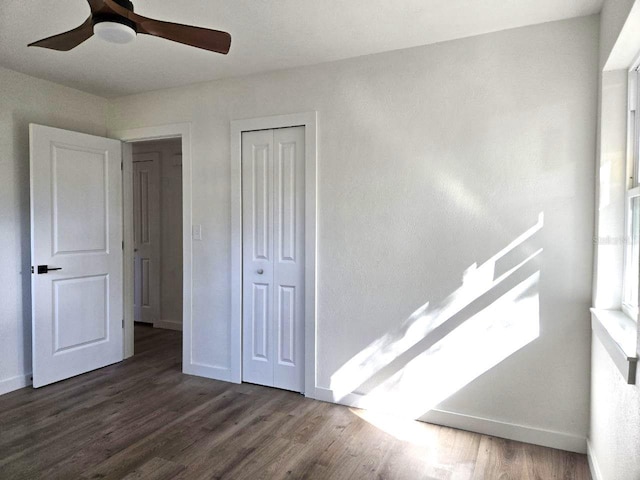 interior space with ceiling fan, dark hardwood / wood-style flooring, and a closet