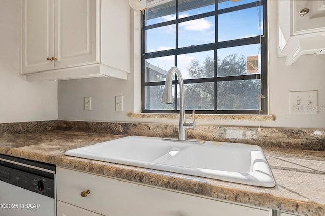 room details with sink, stainless steel dishwasher, and white cabinets