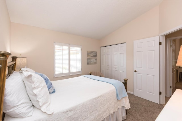 bedroom with lofted ceiling, carpet floors, and a closet