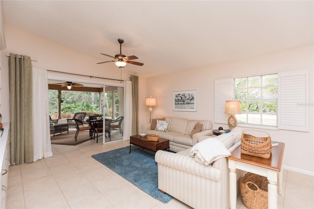 tiled living room featuring lofted ceiling