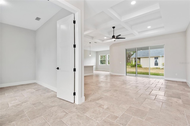 unfurnished room featuring beamed ceiling, coffered ceiling, and ceiling fan