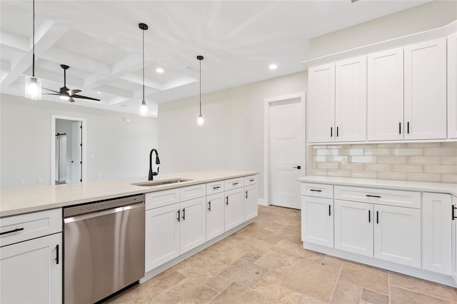 kitchen with coffered ceiling, sink, decorative light fixtures, dishwasher, and white cabinets