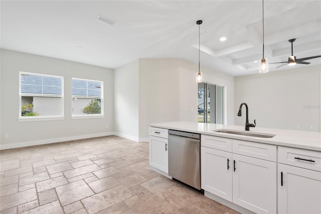 kitchen featuring sink, hanging light fixtures, coffered ceiling, white cabinets, and stainless steel dishwasher