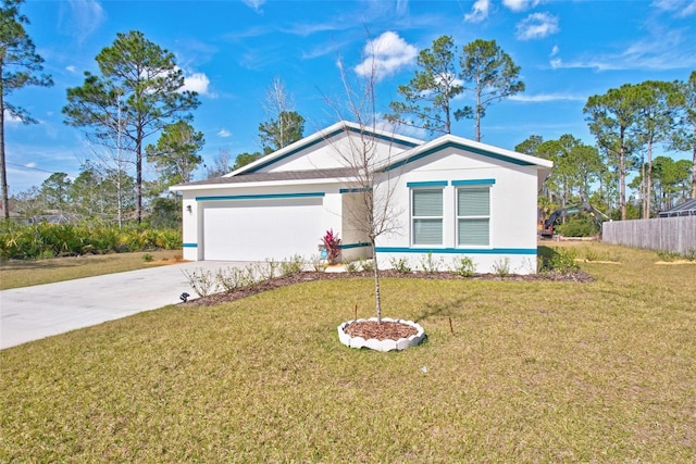 ranch-style house with a garage and a front lawn