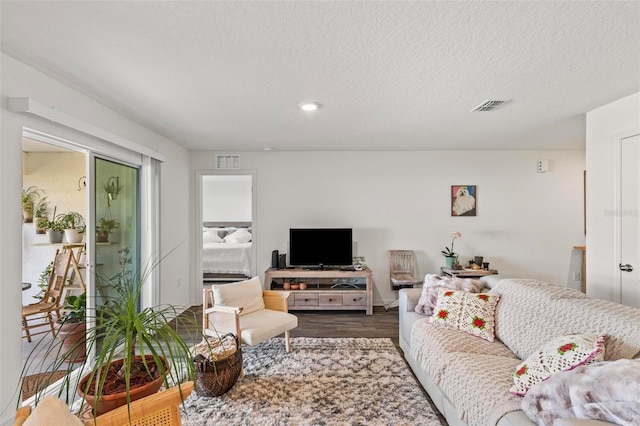 living room featuring hardwood / wood-style floors and a textured ceiling