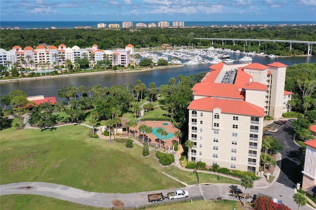 aerial view featuring a water view