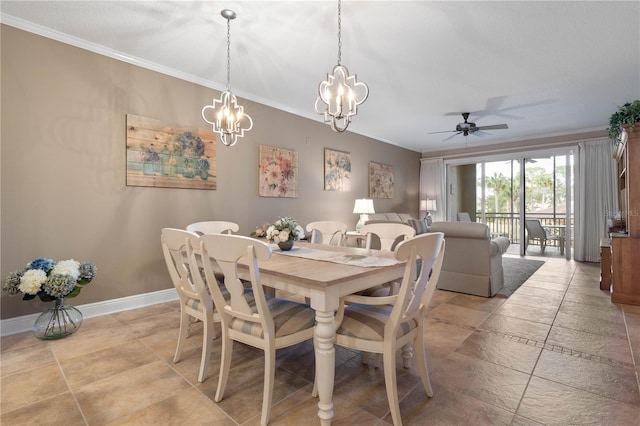 dining room with ornamental molding and ceiling fan with notable chandelier