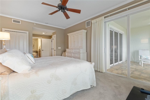 bedroom with crown molding, ceiling fan, access to exterior, and light carpet