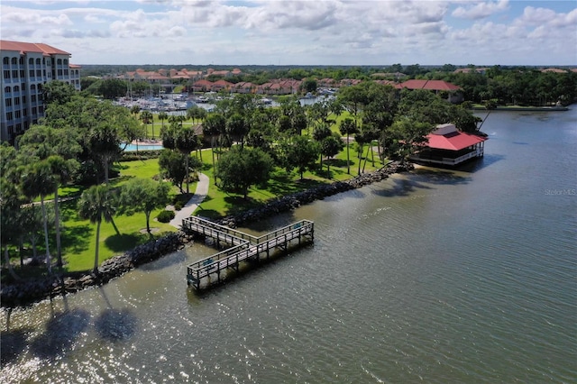 drone / aerial view with a water view