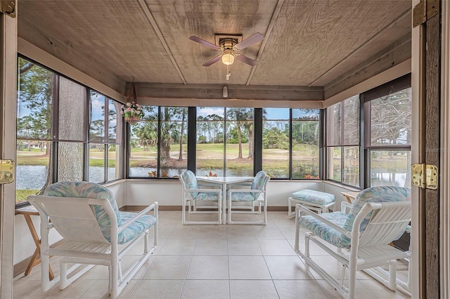 sunroom featuring a water view, wooden ceiling, and ceiling fan