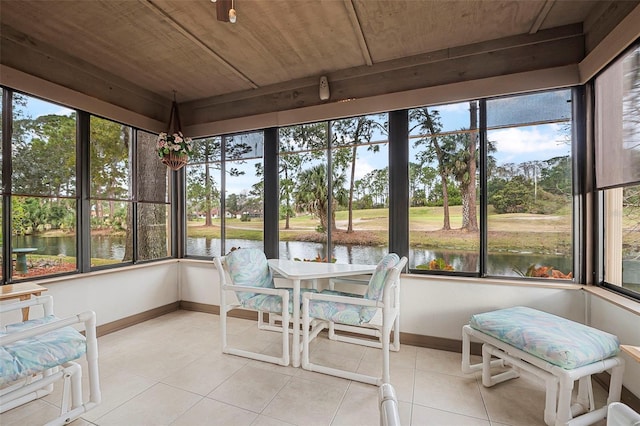 sunroom / solarium with wood ceiling and a water view