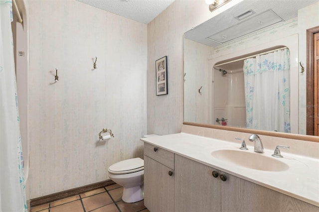 bathroom with a shower with shower curtain, vanity, a textured ceiling, tile patterned floors, and toilet