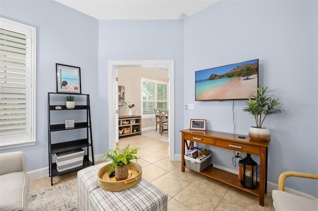 living room featuring light tile patterned floors